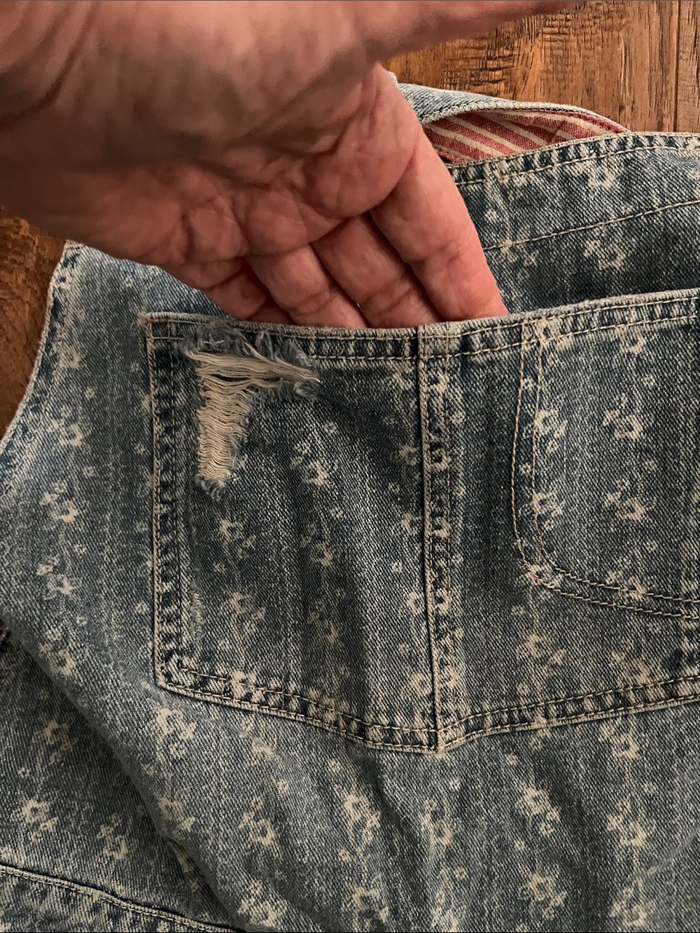 FP Distressed Light Blue Denim Overalls w/pink&white fabric on back of strap - Picture 5 of 14